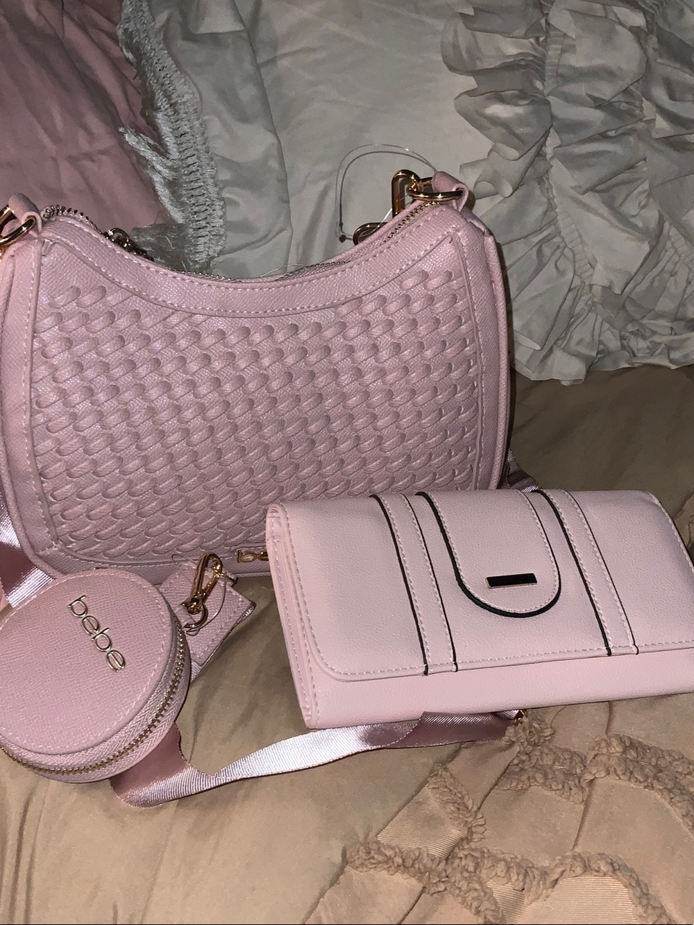 bebe Light Pink Woven Crossbody Bag Set with Wallet and Coin Pouch
